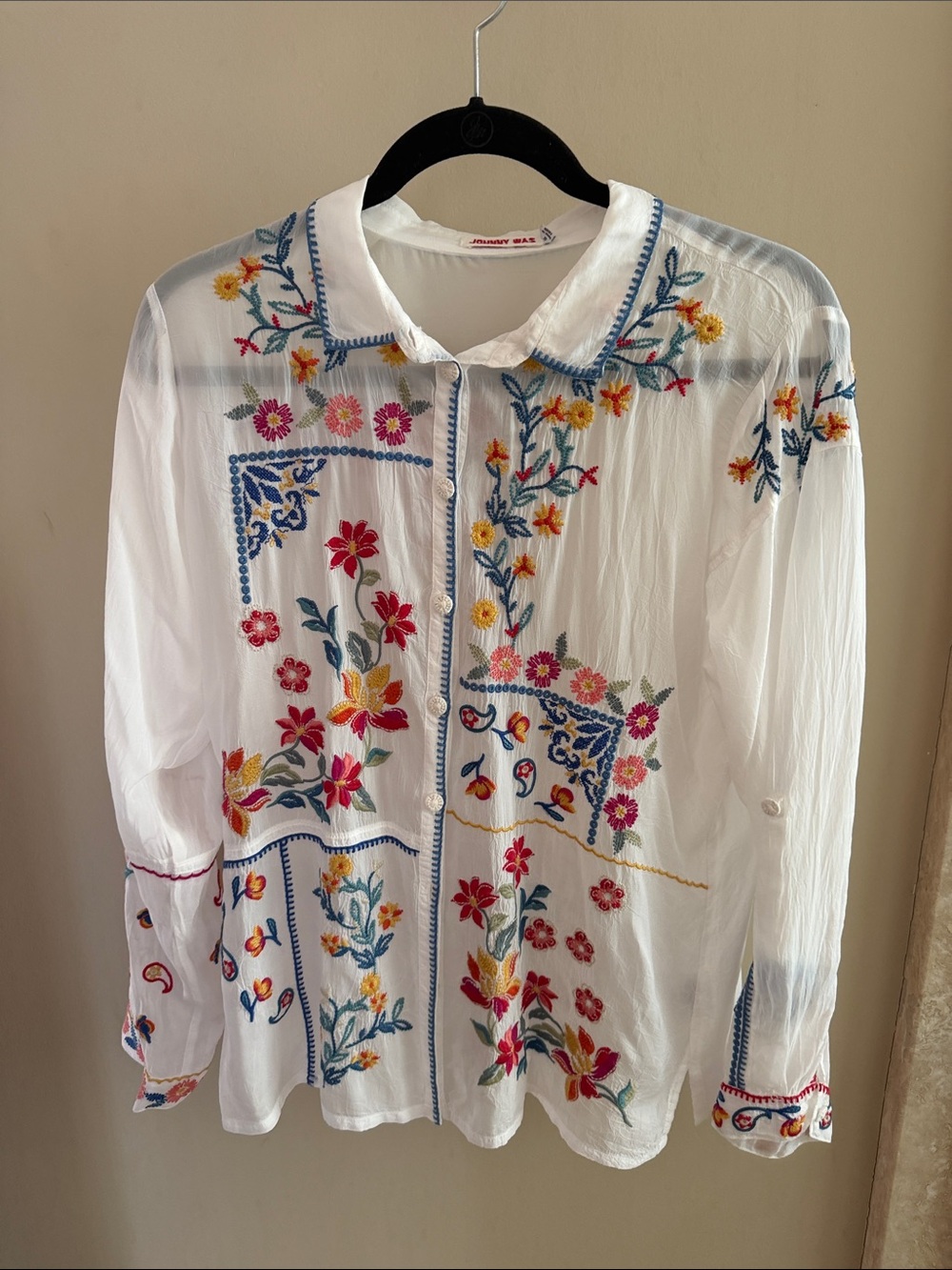 Johnny Was White Button-Down Blouse with Multicolor Floral Embroidery